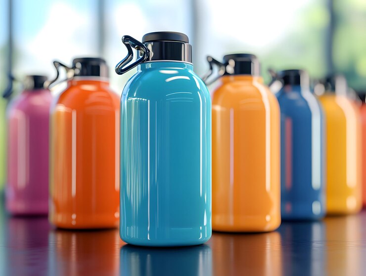 Botellas de agua de plástico multicolores con tapa negra y mango lateral para agarrar y sostener