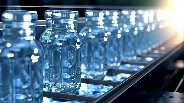 Botellas de agua que fluyen en una cinta transportadora