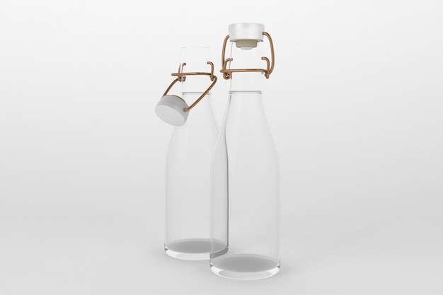 Foto botellas de agua de vidrio anverso en fondo blanco.