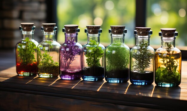 Botellas de aromaterapia con hierbas y aceite en una mesa de madera