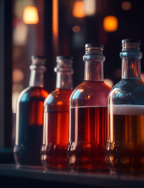 Botellas con bebidas alcohólicas y no alcohólidas en un café o restaurante IA generativa