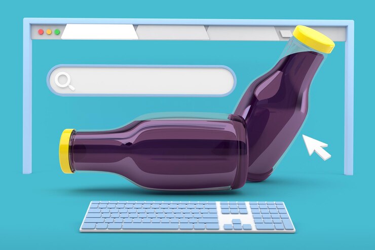 Foto botellas de bebidas e iconos del sitio web lado de perspectiva en fondo azul