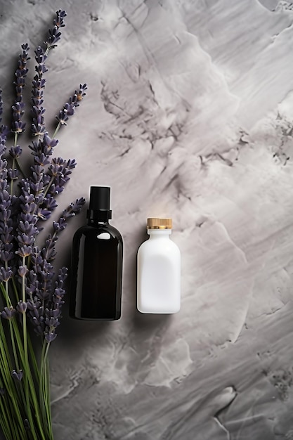 botellas blancas y negras cerca de flores de lavanda sobre un fondo de mármol gris