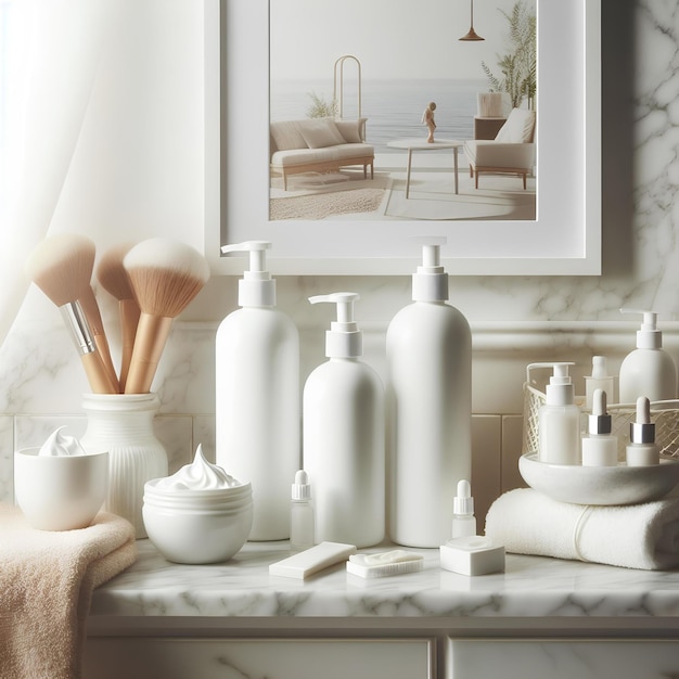 Foto botellas blancas y tubos con cosméticos en el estante de mármol blanco en el baño para relajar la tarjeta de spa