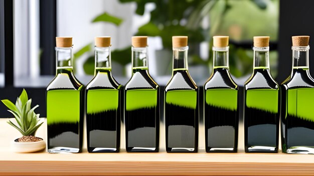 Botellas botánicas con plantas sobre una mesa.