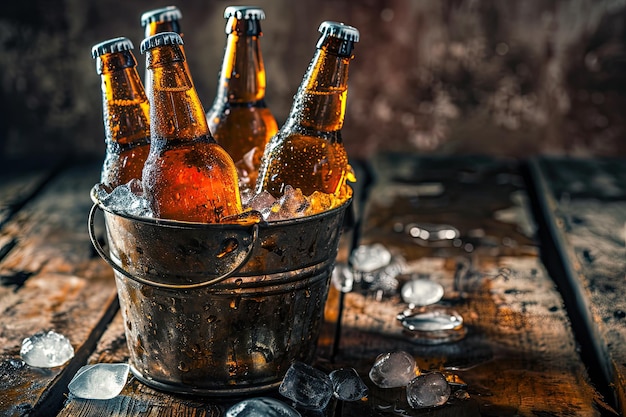 Foto botellas de cerveza botellas frías de cerveza en el cubo sobre fondo de madera oscura