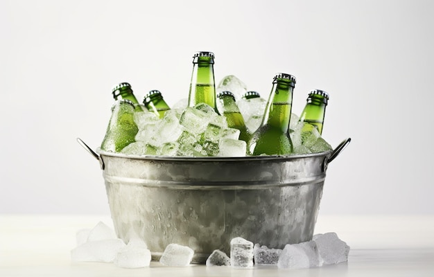 Botellas de cerveza en una canasta de metal con cubitos de hielo sobre un fondo claro para una bebida de fiesta