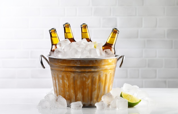 Botellas de cerveza en una canasta de metal con cubitos de hielo sobre un fondo claro para una bebida de fiesta