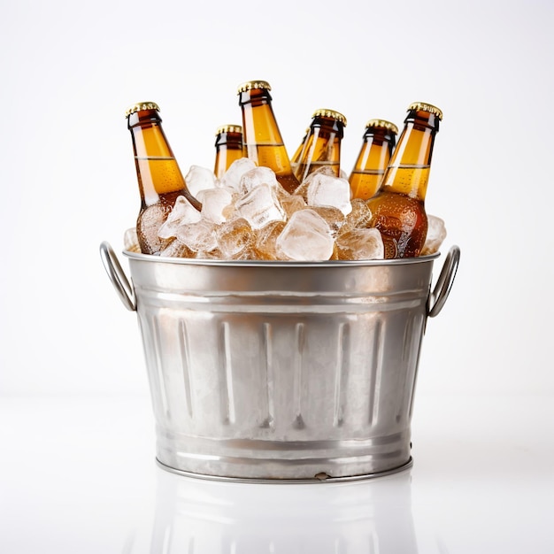 Botellas de cerveza en una canasta de metal con cubitos de hielo sobre un fondo claro para una bebida de fiesta