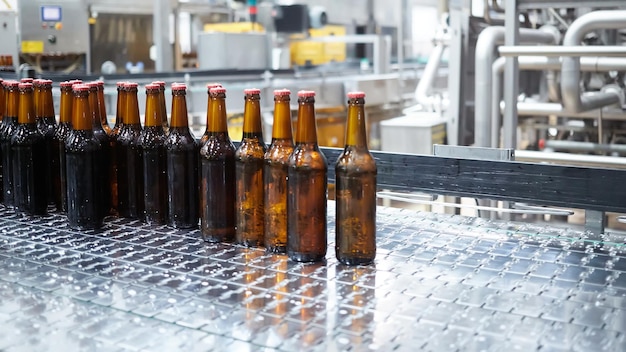 Botellas de cerveza en la cinta transportadora Kelvin superficial Enfoque selectivo