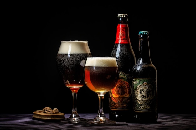 Foto botellas de cerveza y dos vasos de cerveza en una mesa generativa ai