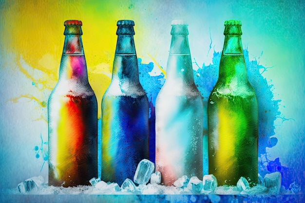 Botellas de cerveza en hielo contra un fondo colorido