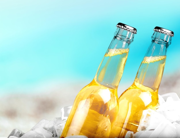 Botellas de cerveza en hielo en el fondo de la playa