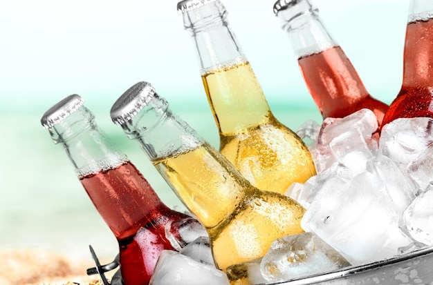 Botellas de cerveza en hielo sobre fondo de playa