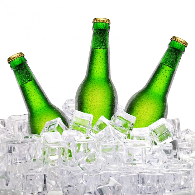 Botellas de cerveza en hielo.