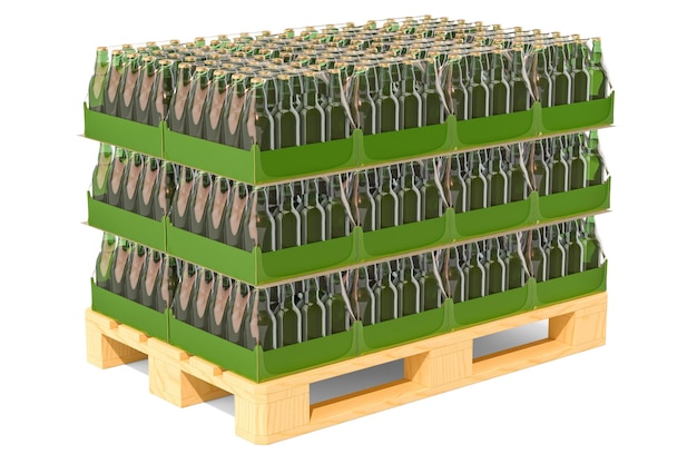 Botellas de cerveza en película shrink en la paleta de madera renderización 3D