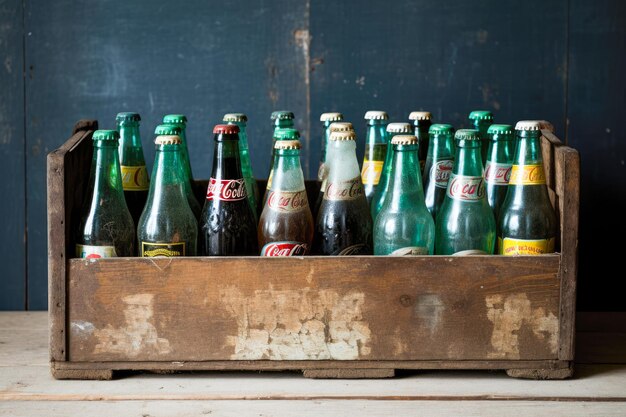 botellas de cerveza vacías en una caja de madera en un estilo vintage de fondo negro