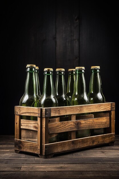 Botellas de cerveza vacías en una caja de madera sobre un fondo negro de estilo vintage