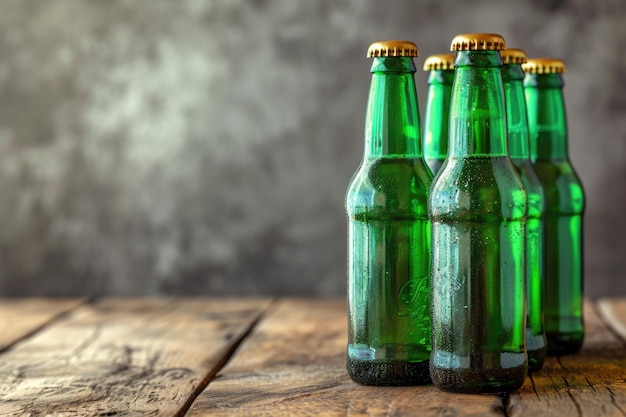 Botellas de cerveza verdes en una mesa de madera con fondo gris