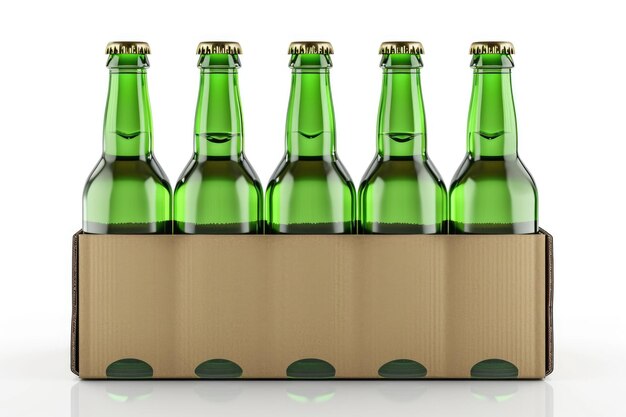 Foto botellas de cerveza verdes en soporte aisladas en blanco con reflejo