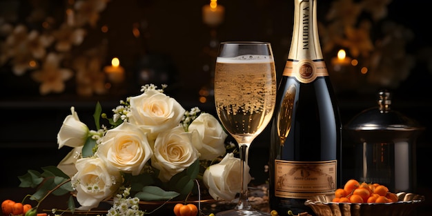 botellas de champagne y una copa de champagne con flores y bayas IA generativa
