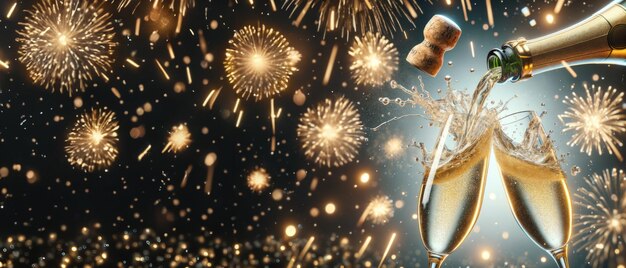 Botellas de champán brillantes luces de fuegos artificiales de oro fondo de la bandera de Año Nuevo