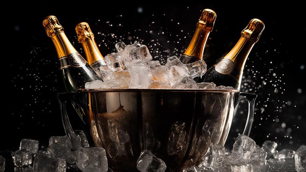 Botellas de champán empapadas en un cubo de hielo Concepto 3D