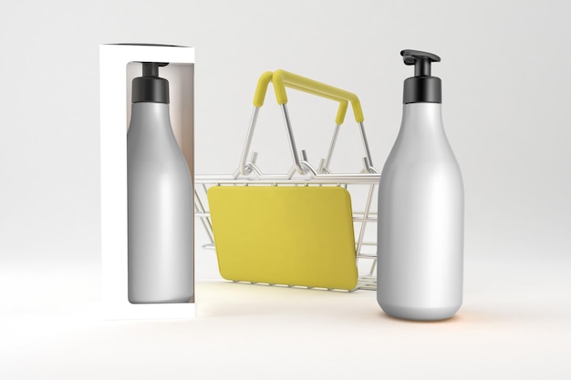 Botellas de champú de bomba con una caja y una cesta de la compra en el lado derecho en fondo blanco