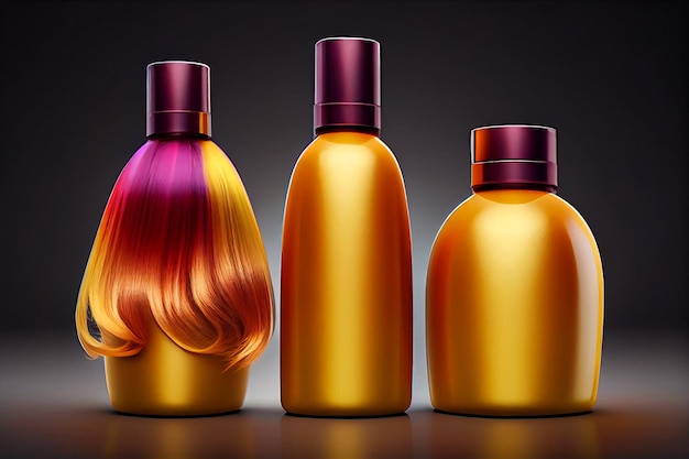 Botellas de champú y gel de oro y cosméticos para el cabello de peluca para tratamientos de baño ilustración IA generativa