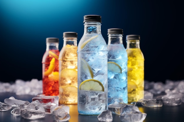 Las botellas de cócteles frías brillan sobre un fondo de hielo brillante y colorido.