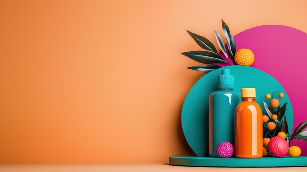 Botellas coloridas con elementos tropicales