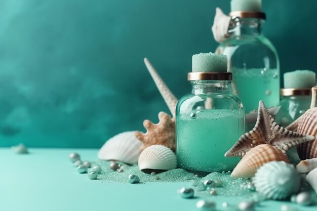 Botellas de conchas marinas y estrellas de mar sobre un fondo turquesa