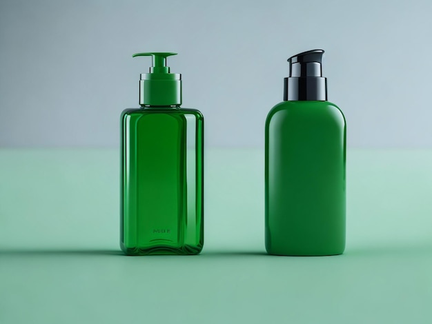 botellas cosméticas con tapa plateada botellas verdes Crema loción o suero Maqueta de botella cosmética verde