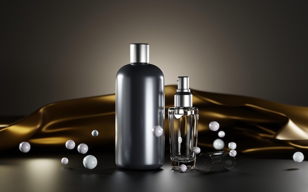 Botellas de cosméticos premium para hombres sobre fondo oscuro con tela dorada y perlas maqueta banner Tubo negro en blanco champú vidrio perfume o loción aceite spray suero 3d ilustración anuncio embalaje