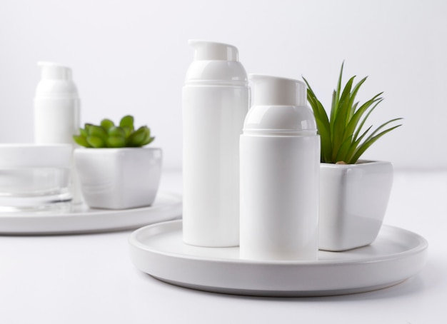 Botellas de crema cosmética con planta en el día en la mesa blanca.
