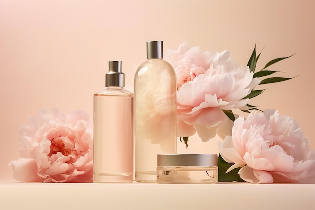 botellas de cristal de cosméticos suero con flor de peonía orgánica en fondo rosa