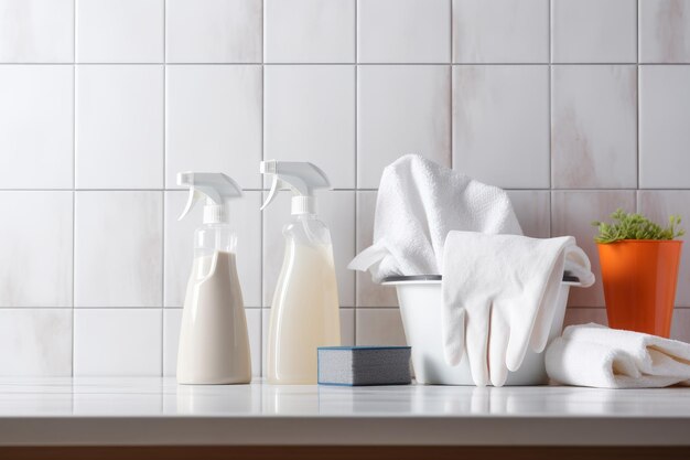 Botellas de detergente para la ropa y toallas en la encimera del baño