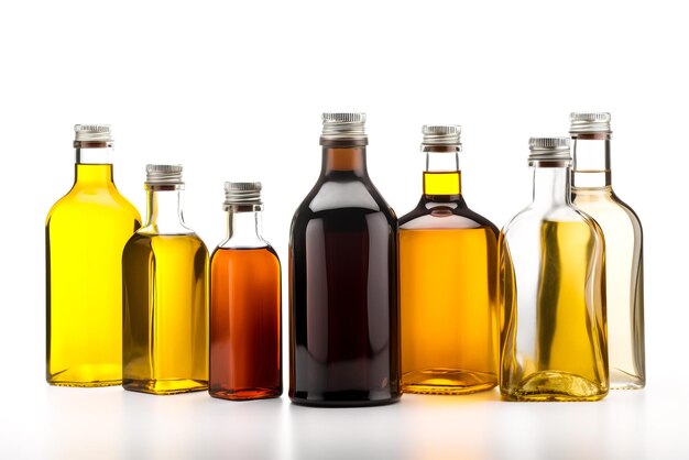 Botellas de diferentes tipos de aceite de cocina aislado sobre un fondo blanco IA generativa