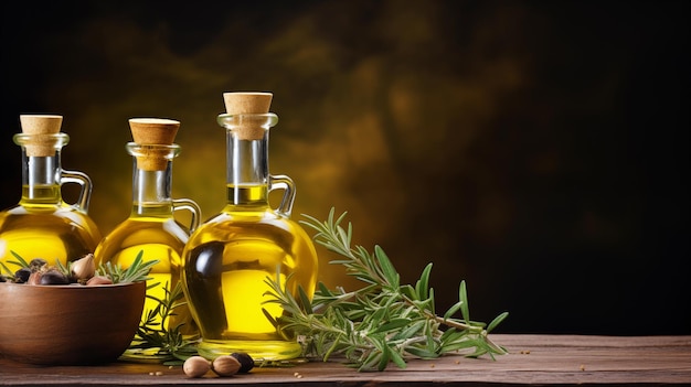 Botellas doradas de aceite de oliva y vinagre con hojas de tomillo y hierbas aromáticas Menú de comida italiana