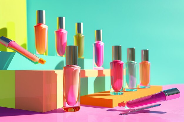 Botellas de esmalte de uñas y filas de uñas botellas de esgalto de uñas en varios tonos