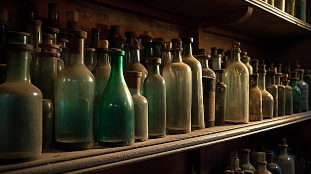 Botellas en el estante de la antigua farmacia