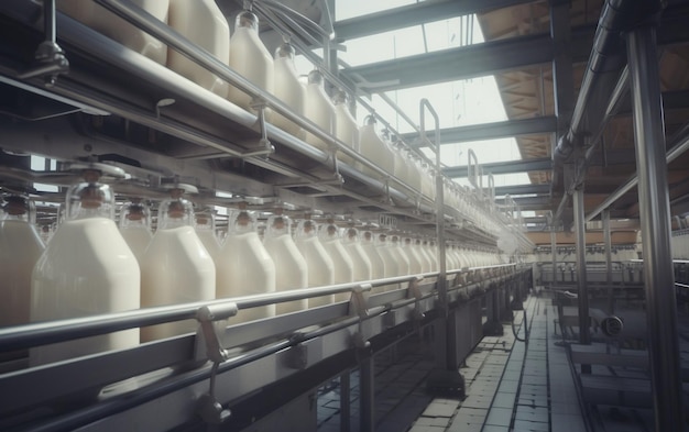 Botellas de fábrica de leche láctea IA generativa