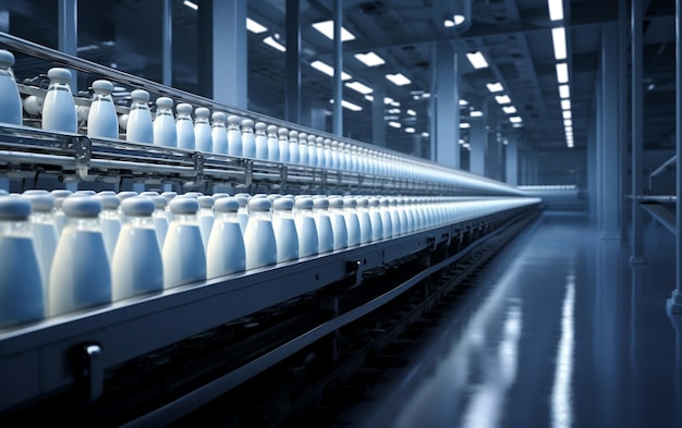 Botellas de fábrica de leche láctea IA generativa