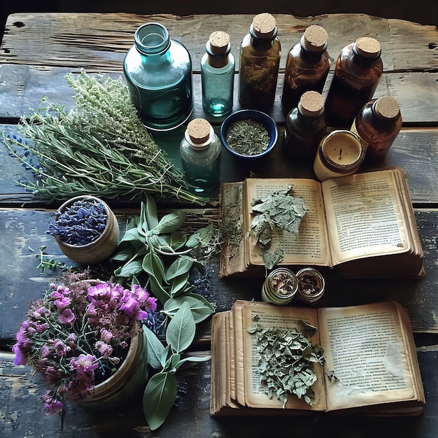 Foto botellas de farmacia de hierbas medicinales y productos botánicos con libros