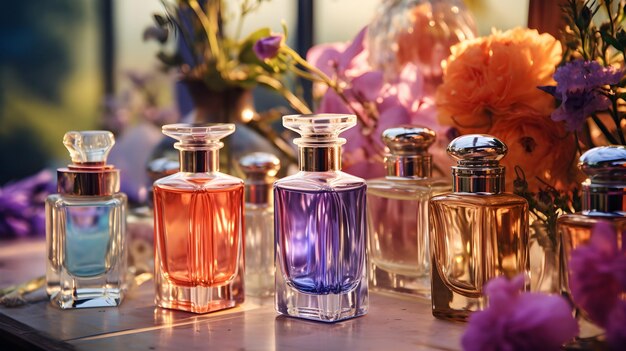 botellas y frascos de perfume esencias aromas salpicaduras y flores tropicales concepto de la industria del perfume