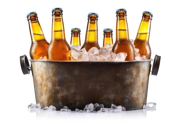 Botellas frías de cerveza con gotas de condensación en el cubo de metal con hielo aislado sobre fondo blanco.