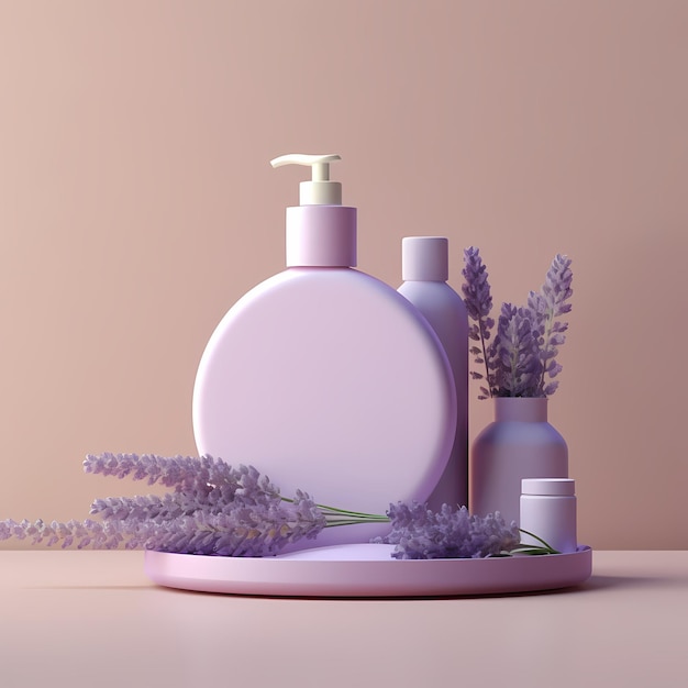 Botellas de ilustración de presentación de productos para el cuidado de la piel sin fondo violeta pastel de etiqueta