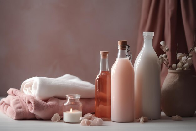 Botellas de jabón sobre una mesa con una vela detrás.