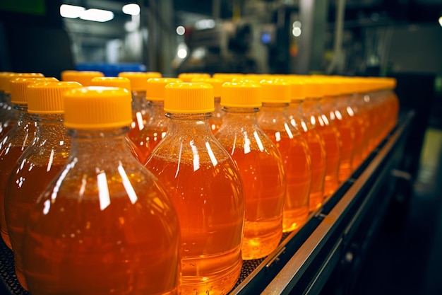 Las botellas de jugo y agua se deslizan a lo largo del transportador dentro de una bulliciosa fábrica de bebidas