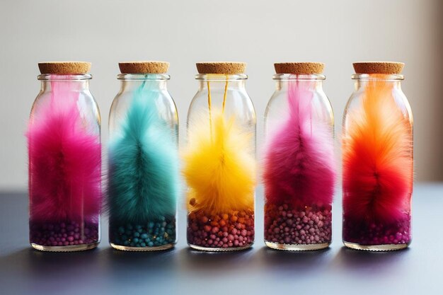 Botellas de jugo de desintoxicación con coloridas guarniciones de Pom Pom Imagen de jugo desintoxicaciones